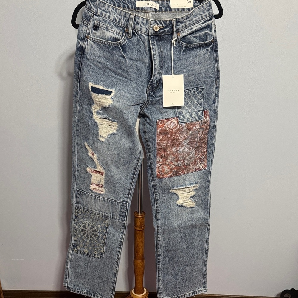 KanCan Patchwork Light Blue Straight Leg Jeans NWT - image 1
